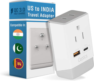 India Travel Adapter | Type D - USB-A & USB-C Ports + 2 USA Outlet (AP-10)
