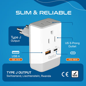 Switzerland Travel Adapter | Type J - USB-A & USB-C Ports + 2 USA Outlet (AP-11A) - TRAPSKI