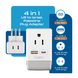 Israel, Palestine Travel Adapter | Type H - USB-A & USB-C Ports + 2 USA Outlet (AP-14) - TRAPSKI