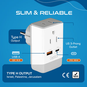 Israel, Palestine Travel Adapter | Type H - USB-A & USB-C Ports + 2 USA Outlet (AP-14) - TRAPSKI