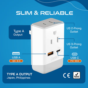 Japan, Philippines Travel Adapter | Type A - USB-A & USB-C Ports + 2 USA Outlet (AP-6) - TRAPSKI