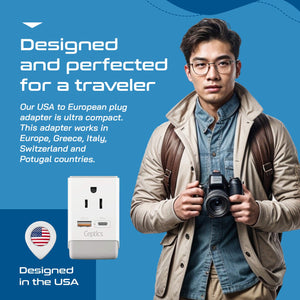 European Travel Adapter | Type C - USB-A & USB-C Ports + 2 USA Outlet (AP-9C) - TRAPSKI