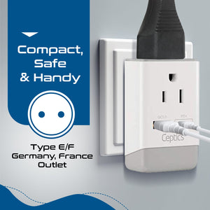 Europe (Schuko) Travel Adapter | Type E/F - USB-A & USB-C Ports + 2 USA Outlet (AP-9) - TRAPSKI