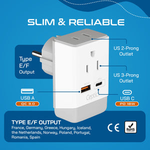 Europe (Schuko) Travel Adapter | Type E/F - USB-A & USB-C Ports + 2 USA Outlet (AP-9) - TRAPSKI