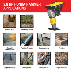 3.6HP Honda Vibratory Rammer Jumping Jack Tamper with Honda GXR120 Engine Impact Force 3,550 lbs/ft