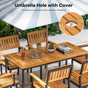 Acacia Wood Dining Table for 6 People with Slatted Tabletop and Umbrella Hole