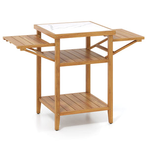 Acacia Wood Outdoor Grill Table with Faux Marble Top and Drop-Leaf Side Panels