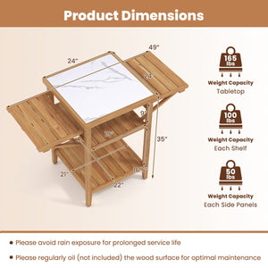 Acacia Wood Outdoor Grill Table with Faux Marble Top and Drop-Leaf Side Panels