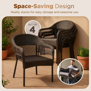 Arro Bistro Stacking Chairs, Mocha, Wicker Construction, Indoor & Outdoor - 4 Piece Set