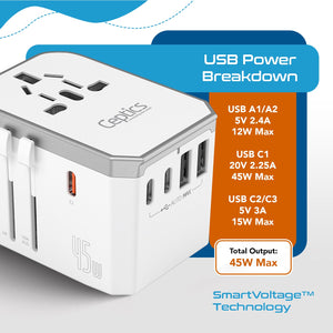 45W 6 in 1 Universal Travel Adapter - 2 USB-A + 3 USB-C - Max. 45W (9A) - White (UP-45KU-WH) - TRAPSKI