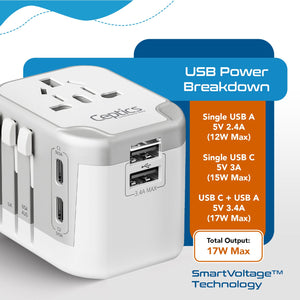 5 in 1 Universal Travel Adapter - 2 USB-A + USB-C - Max. 17W (3.4A) - White (UP-16KU-WH) - TRAPSKI