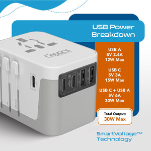 30W 6 in 1 Universal Travel Adapter - 2 USB-A + 3 USB-C - Max. 30W (6A) - White (UP-30KU-WH) - TRAPSKI