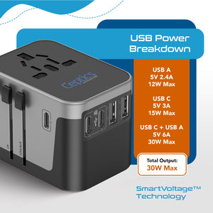 30W 6 in 1 Universal Travel Adapter - 2 USB-A + 3 USB-C - Max. 30W (6A) (UP-30KU-BL) - TRAPSKI