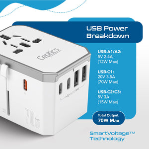 70W 6 in 1 International Travel Plug Adapter - 2 USB-C + 1 GaN 3.0 USB-C & 2 USB ports - Max. 60W (12A) - White (UP-70KU-WH) - TRAPSKI