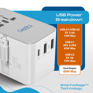 45W 5 in 1 Universal Travel Adapter - 2 USB-A + 1 retractable USB-C cable (PD 45W), & 1 USB-C - Max. 45W (9A) - White (UP-45WC-WH) - TRAPSKI