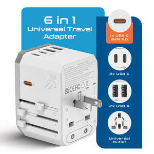 45W 6 in 1 Universal Travel Adapter - 2 USB-A + 3 USB-C - Max. 45W (9A) - White (UP-45KU-WH) - TRAPSKI