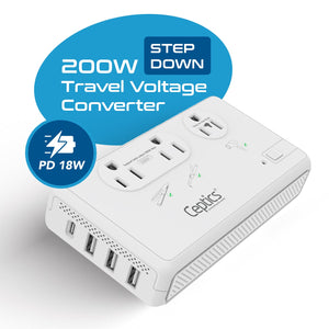 200W/2000W Step Down Converter – 2x 200W, 1x 2000W outlets & 3x USB-A + 1x USB-C – AC 220-240V to 110V-120V Travel Voltage Converter - (LX-C2000)