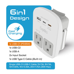 World-Way 13 Travel Adapter Kit | 1 USB-A, 1 USB-C and 1 PD 35W USB-C port and cable + 2 US Outlets - Grounded (WPS-2B+ALL)