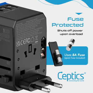 70W International Travel Plug Adapter - 2 USB-C + 1 GaN 3.0 (USB-C) & 2 USB ports (UP-70KU) - TRAPSKI