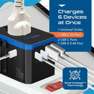 70W International Travel Plug Adapter - 2 USB-C + 1 GaN 3.0 (USB-C) & 2 USB ports (UP-70KU) - TRAPSKI