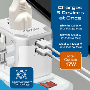 5 in 1 Universal Travel Adapter - 2 USB-A + USB-C - Max. 17W (3.4A) - White (UP-16KU-WH) - TRAPSKI