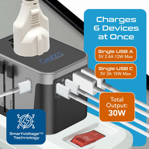 30W 6 in 1 Universal Travel Adapter - 2 USB-A + 3 USB-C - Max. 30W (6A) (UP-30KU-BL) - TRAPSKI