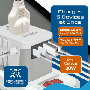 30W 6 in 1 Universal Travel Adapter - 2 USB-A + 3 USB-C - Max. 30W (6A) - White (UP-30KU-WH) - TRAPSKI