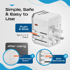 45W 6 in 1 Universal Travel Adapter - 2 USB-A + 3 USB-C - Max. 45W (9A) - White (UP-45KU-WH) - TRAPSKI