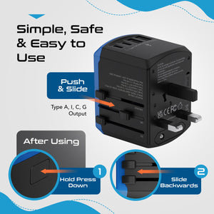 All-In-One International Travel Adapter - 5 in 1 - 2 USB-A & 2 USB-C - Max. 17.5W (3.5A) (UP-15KU-BL) - TRAPSKI