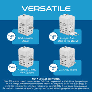 45W 5 in 1 Universal Travel Adapter - 2 USB-A + 1 retractable USB-C cable (PD 45W), & 1 USB-C - Max. 45W (9A) - White (UP-45WC-WH) - TRAPSKI