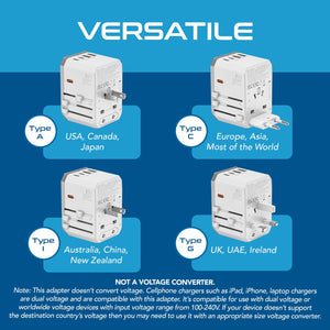 70W 6 in 1 International Travel Plug Adapter - 2 USB-C + 1 GaN 3.0 USB-C & 2 USB ports - Max. 60W (12A) - White (UP-70KU-WH) - TRAPSKI