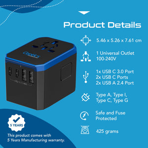 70W International Travel Plug Adapter - 2 USB-C + 1 GaN 3.0 (USB-C) & 2 USB ports (UP-70KU) - TRAPSKI