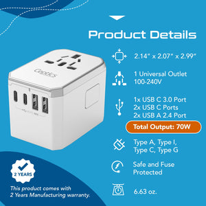 70W 6 in 1 International Travel Plug Adapter - 2 USB-C + 1 GaN 3.0 USB-C & 2 USB ports - Max. 60W (12A) - White (UP-70KU-WH) - TRAPSKI
