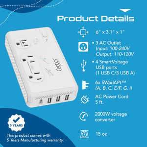 200W/2000W Step Down Converter – 2x 200W, 1x 2000W outlets & 3x USB-A + 1x USB-C – AC 220-240V to 110V-120V Travel Voltage Converter - (LX-C2000) - TRAPSKI