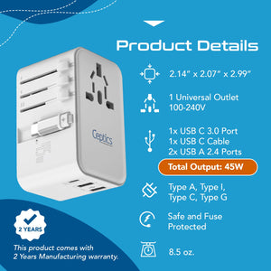 45W 5 in 1 Universal Travel Adapter - 2 USB-A + 1 retractable USB-C cable (PD 45W), & 1 USB-C - Max. 45W (9A) - White (UP-45WC-WH) - TRAPSKI