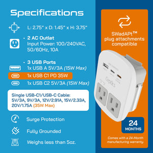 World-Way 13 Travel Adapter Kit | 1 USB-A, 1 USB-C and 1 PD 35W USB-C port and cable + 2 US Outlets - Grounded (WPS-2B+ALL)