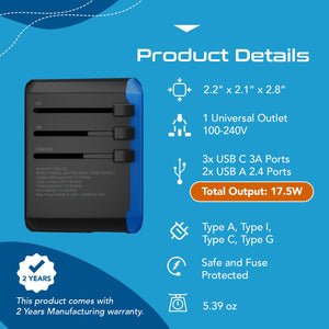All-In-One International Travel Adapter - 5 in 1 - 2 USB-A & 2 USB-C - Max. 17.5W (3.5A) (UP-15KU-BL) - TRAPSKI