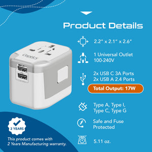 5 in 1 Universal Travel Adapter - 2 USB-A + USB-C - Max. 17W (3.4A) - White (UP-16KU-WH) - TRAPSKI