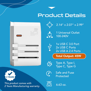 45W 6 in 1 Universal Travel Adapter - 2 USB-A + 3 USB-C - Max. 45W (9A) - White (UP-45KU-WH) - TRAPSKI