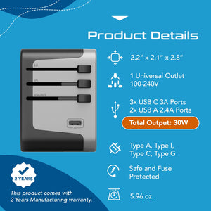 30W 6 in 1 Universal Travel Adapter - 2 USB-A + 3 USB-C - Max. 30W (6A) (UP-30KU-BL) - TRAPSKI