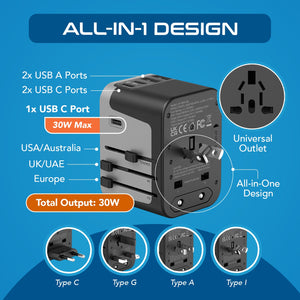 30W 6 in 1 Universal Travel Adapter - 2 USB-A + 3 USB-C - Max. 30W (6A) (UP-30KU-BL)