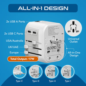 5 in 1 Universal Travel Adapter - 2 USB-A + USB-C - Max. 17W (3.4A) - White (UP-16KU-WH) - TRAPSKI