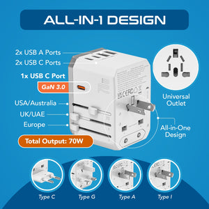 70W 6 in 1 International Travel Plug Adapter - 2 USB-C + 1 GaN 3.0 USB-C & 2 USB ports - Max. 60W (12A) - White (UP-70KU-WH) - TRAPSKI