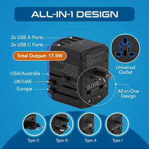 All-In-One International Travel Adapter - 5 in 1 - 2 USB-A & 2 USB-C - Max. 17.5W (3.5A) (UP-15KU-BL) - TRAPSKI