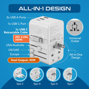 45W 5 in 1 Universal Travel Adapter - 2 USB-A + 1 retractable USB-C cable (PD 45W), & 1 USB-C - Max. 45W (9A) - White (UP-45WC-WH) - TRAPSKI