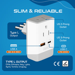 Italy, Chile Travel Adapter | Type L - USB-A & USB-C Ports + 2 USA Outlet (AP-12)