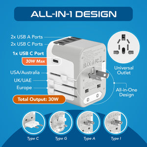 30W 6 in 1 Universal Travel Adapter - 2 USB-A + 3 USB-C - Max. 30W (6A) - White (UP-30KU-WH) - TRAPSKI