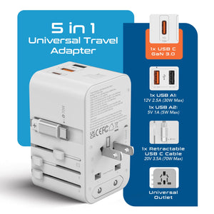 70W Universal Travel Adapter - 2 USB-C + 1 GaN 3.0 retractable cable, USB-C & 1 USB-C - (UP-70WC-WH) - TRAPSKI