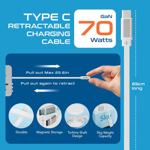 70W Universal Travel Adapter - 2 USB-C + 1 GaN 3.0 retractable cable, USB-C & 1 USB-C - (UP-70WC-WH) - TRAPSKI