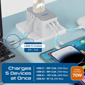 70W Universal Travel Adapter - 2 USB-C + 1 GaN 3.0 retractable cable, USB-C & 1 USB-C - (UP-70WC-WH) - TRAPSKI